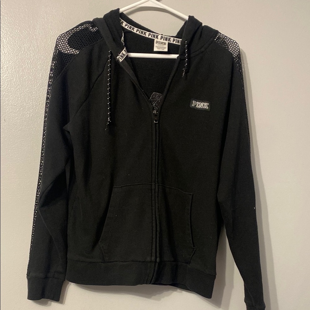 Black zip hoodie with Mesh detail sleeves “PINK”